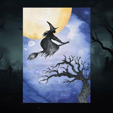 happy halloween greeting flying witch invitations