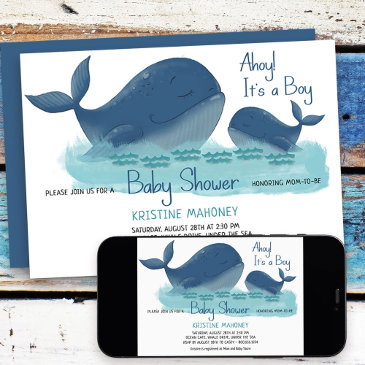 happy whale ahoy it's a boy watercolor baby shower invitation