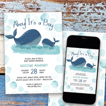 happy whale watercolor ahoy its a boy baby shower invitation