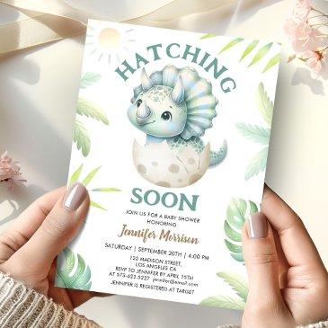 hatching soon triceratops boy dinosaur baby shower invitation