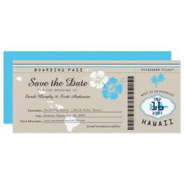 Small Hawaii Boarding Pass Tand And Blue Save The Date Invitation Front View