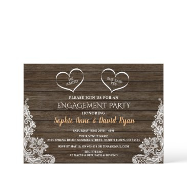 he asked she said yes lace wood engagement invitation