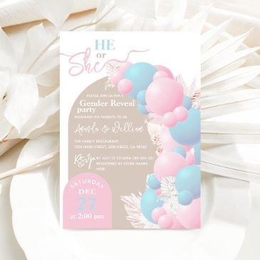 he or she balloon modern gender reveal party  invitation