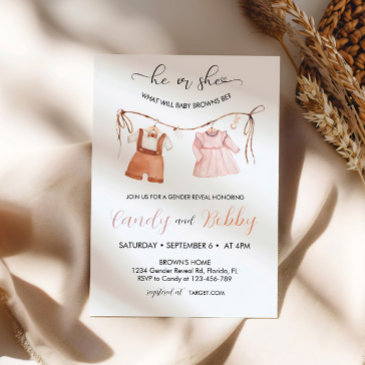 he or she boho clothesline gender reveal invitation