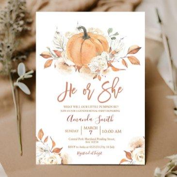 he or she boho rustic pumpkin gender reveal invitation
