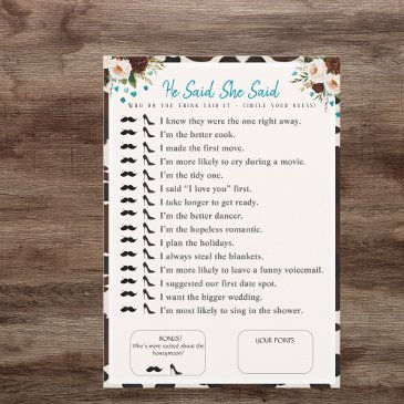 he said, she said bridal shower boho game invitation