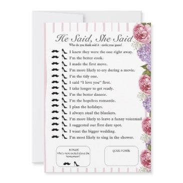 he said, she said bridal shower floral game invitation