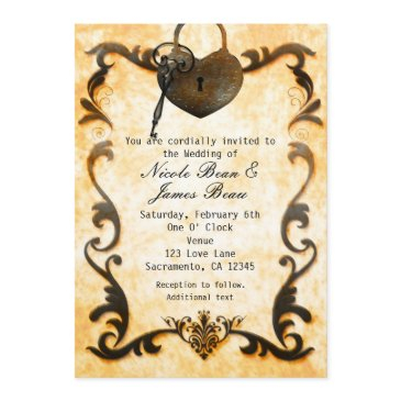 heart lock & key vintage rustic wedding invitation