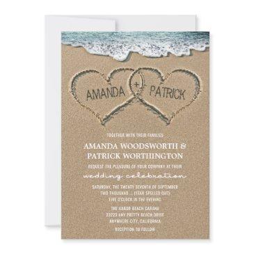 hearts in the sand beach shore wedding invitations