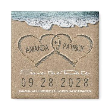 hearts in the sand beach wedding save the date magnet