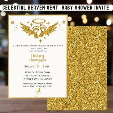 heaven sent angel gold glitter baby shower invitation