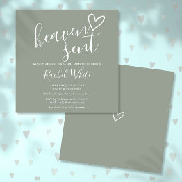Small Heaven Sent Sage Green Gender Neutral Baby Shower Invitation Front View