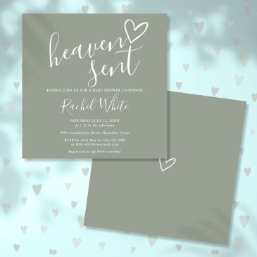 heaven sent sage green gender neutral baby shower invitation