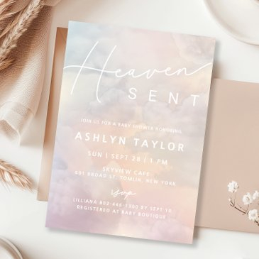 heaven sent watercolor sky baby shower invitation