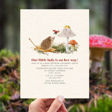 hedgehog ladybug mushroom woodland baby shower invitation