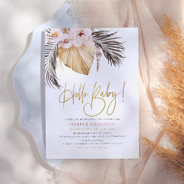 Small Hello Baby | Boho Pampas Grass & Tropical Palm Invitation Front View