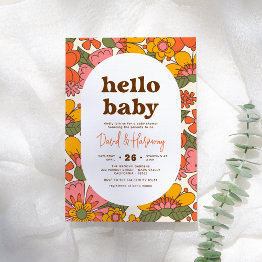 Small Hello Baby | Groovy Retro Flowers Boho Baby Shower Invitation Front View