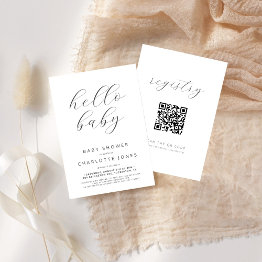 Small Hello Baby Modern Minimal Qr Code Baby Shower Invitation Front View