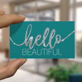Small Hello Beautiful Typography Beauty Salon Turquoise Business Invitations Front View