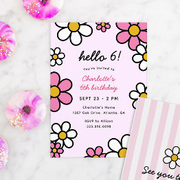 Small Hello Cutie Cartoon Daisies Pink Birthday Party Invitation Front View