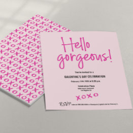 Small Hello Gorgeous Galentine's Day Xoxo Pink Custom Invitation Front View