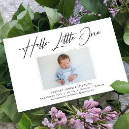Small Hello Little One Elegant Script Photo Birth Announcement Front View