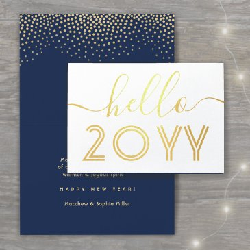 hello navy blue & gold confetti happy new year foil invitations