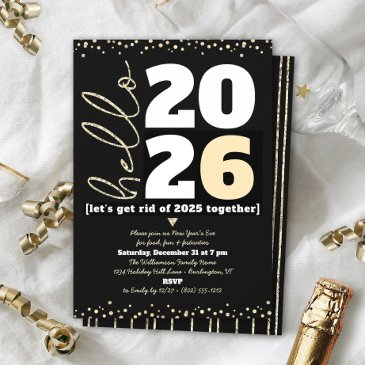 hello new year black gold modern custom add year invitation