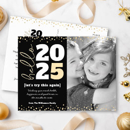 Small Hello New Year Photo Black Gold Modern Custom Year Holiday Postinvitations Front View