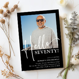 Small Hello Seventy! Minimal 70th Birthday Party Invitation Front View