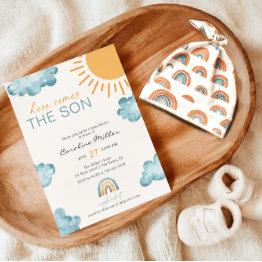 Small Here Comes The Son Baby Shower Boy Invitation Front View