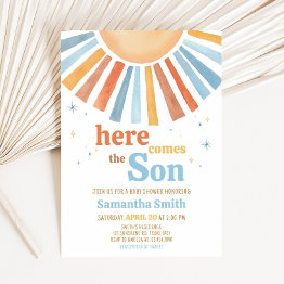 Small Here Comes The Son Baby Shower Invitation Front View