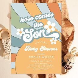 Small Here Comes The Son Baby Shower Invitation Front View