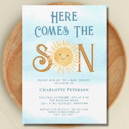 Small Here Comes The Son Baby Shower Invitation Front View