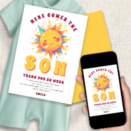Small Here Comes The Son Baby Shower Thank You Invitation Front View
