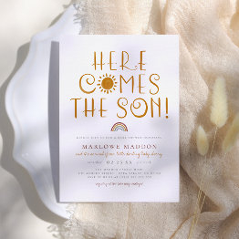 Small Here Comes The Son | Boho Rainbow Boy Baby Shower Invitation Front View