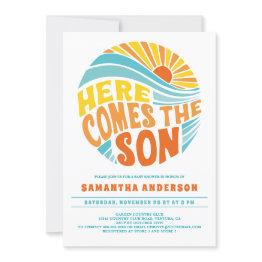 Small Here Comes The Son Bright Baby Shower Invitation Front View