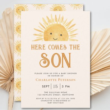 here comes the son yellow sunshine baby shower invitation