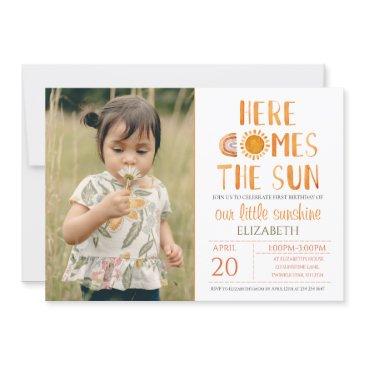 here comes the sun watercolor 1st birthday photo invitation