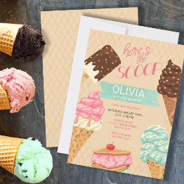 Small Here's The Scoop Girls Ice Cream Birthday Invitation Front View