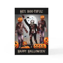 Small Hey, Boo-tiful! Happy Halloween! Ghouls And Zombie Invitations Front View