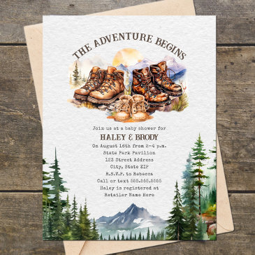 hiking boots adventure neutral baby shower invitation