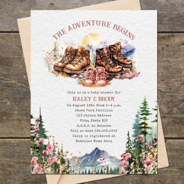 hiking boots adventure pink girl baby shower invitation