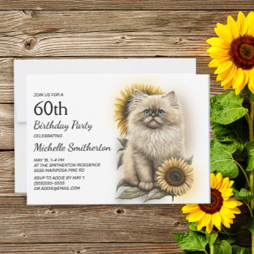 himalayan kitten cat sunflowers 60th birthday invitation