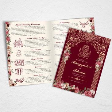 hindu wedding ceremony red, gold, pink floral program