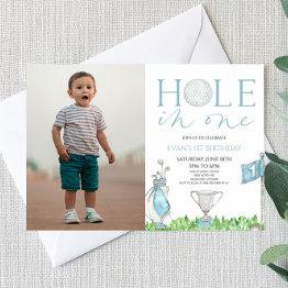 Small Hole In One Blue Golf Picture 1st Birthday Party Invitation Front View
