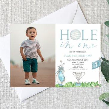 hole in one blue golf picture 1st birthday party invitation