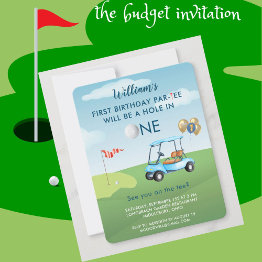 Small Hole In One Budget Boy Golf Par-tee 1st Birthday Invitation Front View