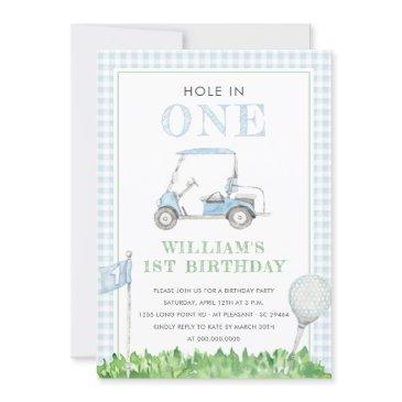 hole in one golf boy birthday blue gingham invitation