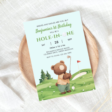 hole in one golf boy blue first birthday par-tee invitation